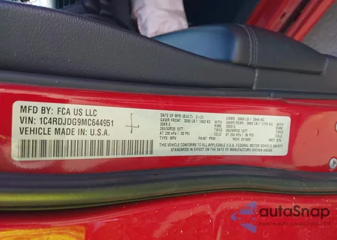 2021 Dodge Durango Gt Awd z USA, uszkodzony, nr VIN 1C4RDJDG9MC644951